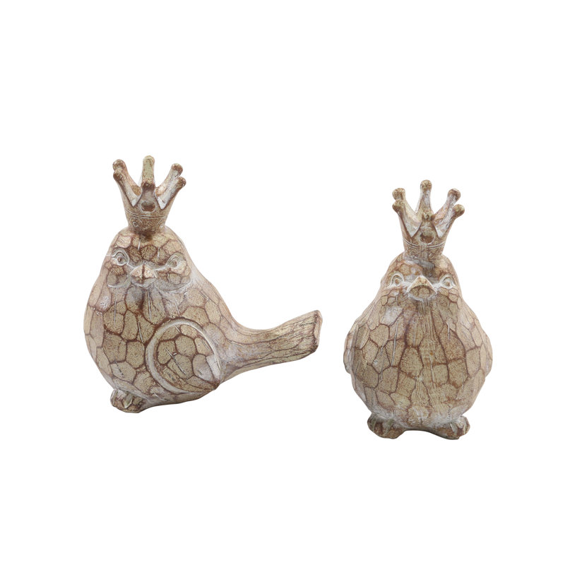 Figurines d'oiseaux en résine avec couronne et corps texturés, sculptures d'animaux en polyrésine décoratives fantaisistes, décorations craquelées, ensemble de 2 étagères ou manteau de cheminée
