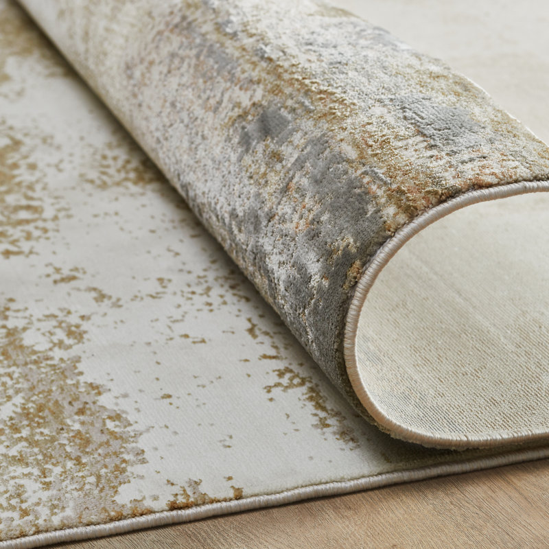 Wallburg Ivory Gold Brushblock Abstract Area Rug, Rectangle 7'6" x 9'6"