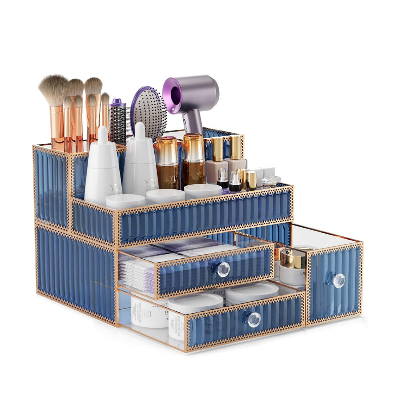 Blue Makeup Organizer Tempered Glass Vanity Organizer