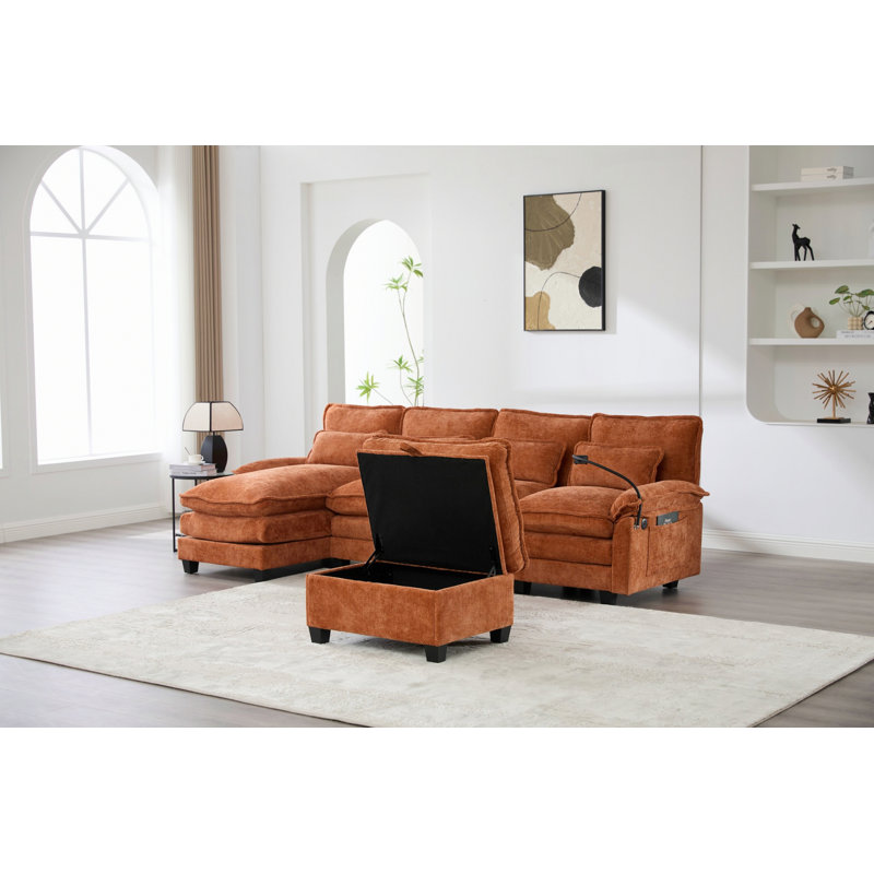 UNITED WE WIN 106" U Shape Sectional Sofa Cloud Couch For Living Room, Upholstery Comfy Modular Sofas, 4 Seat Chenille U-Shaped Sleeper Sofa With Chaise Lounge, Ottoman & Pillows