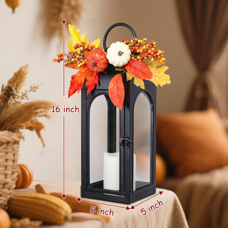 Ensemble de 2 lanternes en métal noir avec décor de feuillage d'automne amovible, citrouille et baies avec bougies sans flamme - bougie à DEL
