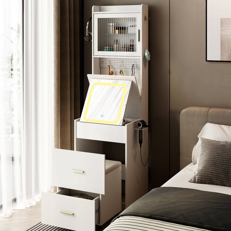 Makeup Vanity Set with LED Lights and Power Outlets, White