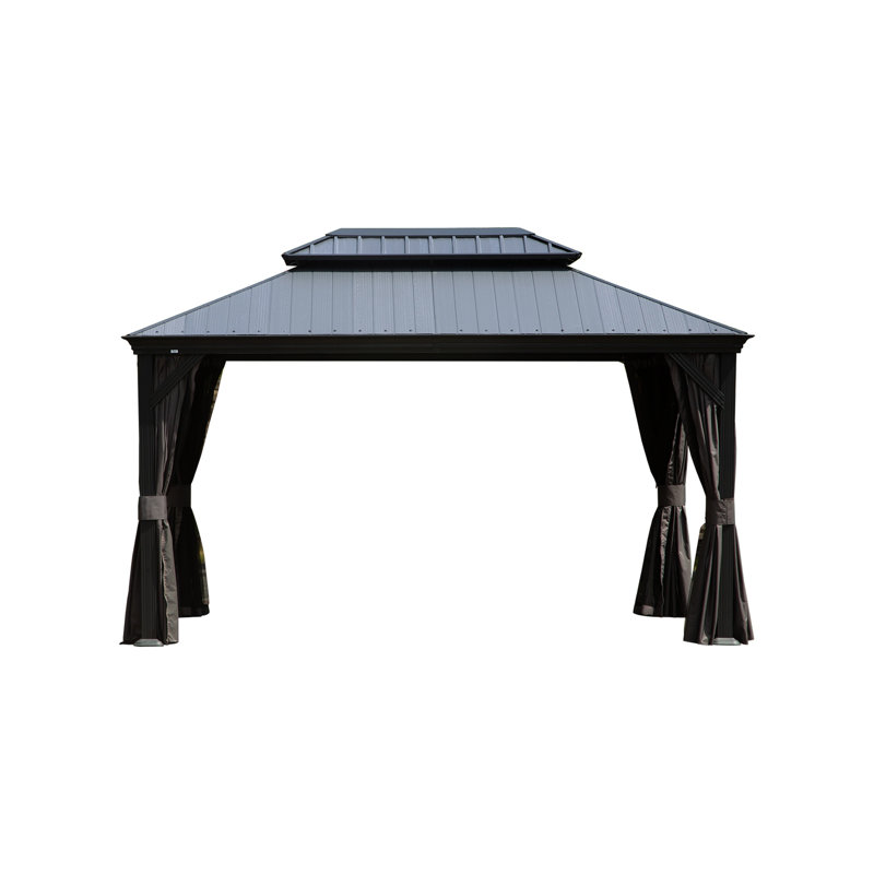 12'x16' Hardtop Gazebo with Resin Roof, Outdoor Metal Gazebo with Drainage Gutters, Permanent Heavy Duty Pavilion for Patio, Backyard and Deck, Curtains and Mosquito Netting Included