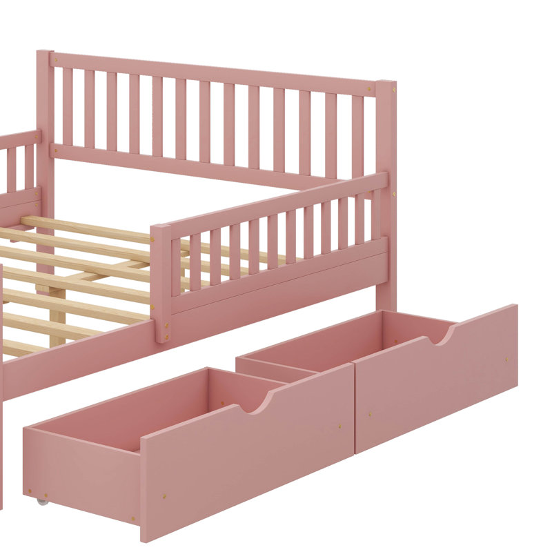Lit plateforme double en bois avec garde-corps des deux côtés et deux compartiments de rangement, Double, Rose