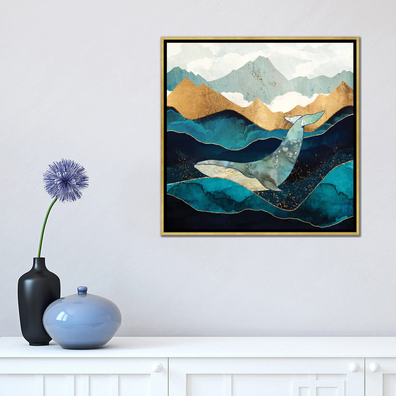 Baleine bleue - reproduction d'art, Aucun mat, H 18 po x l 18 po x 1,5 po, Toile encadrée d'or