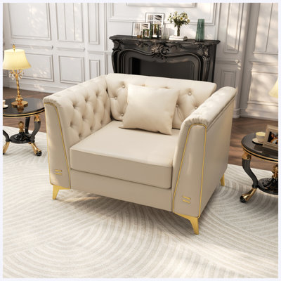 Canapé Chesterfield 1 place modulaire avec coussins capitonnés beige pour salon, appartement