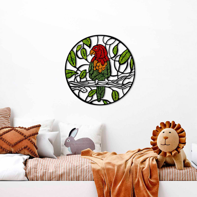 Exotic Macaw Circular Metal & Moss Wall Décor - Rainforest Canopy Vibrant Parrot