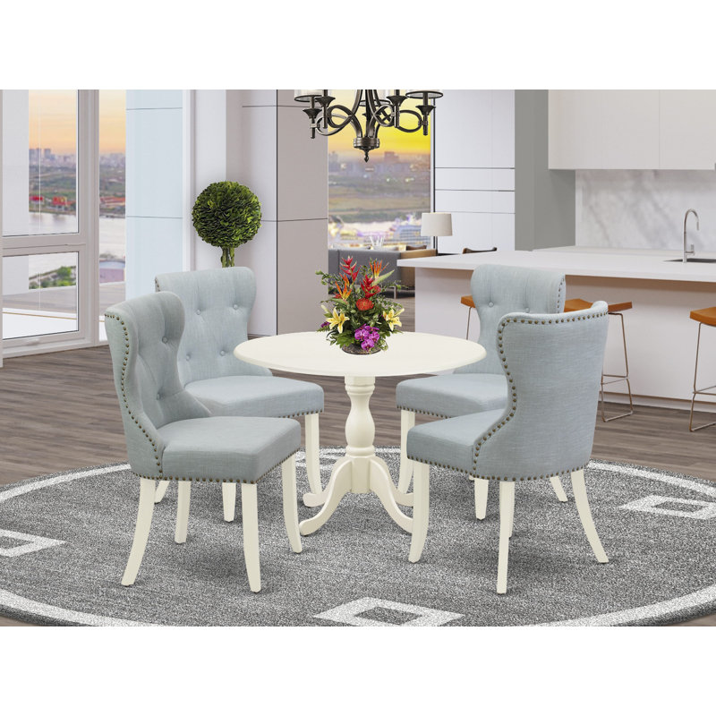 L'ensemble de table de cuisine 5 pièces pour 4 personnes comprend une table de salle à manger ronde avec Dropleaf et 4 chaises de salle à manger Parson bleu lin, blanc lin