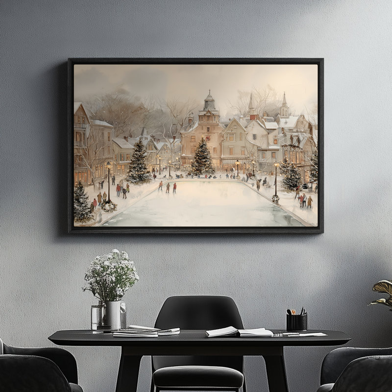 Art mural encadré sur toile - Village d'hiver avec scène de patinage sur glace - 16 po x 24 po, 24 po x 36 po, Noir