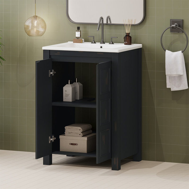 Petit meuble-lavabo de style rétro avec lavabo en céramique, portes à fermeture en douceur pour espaces compacts
