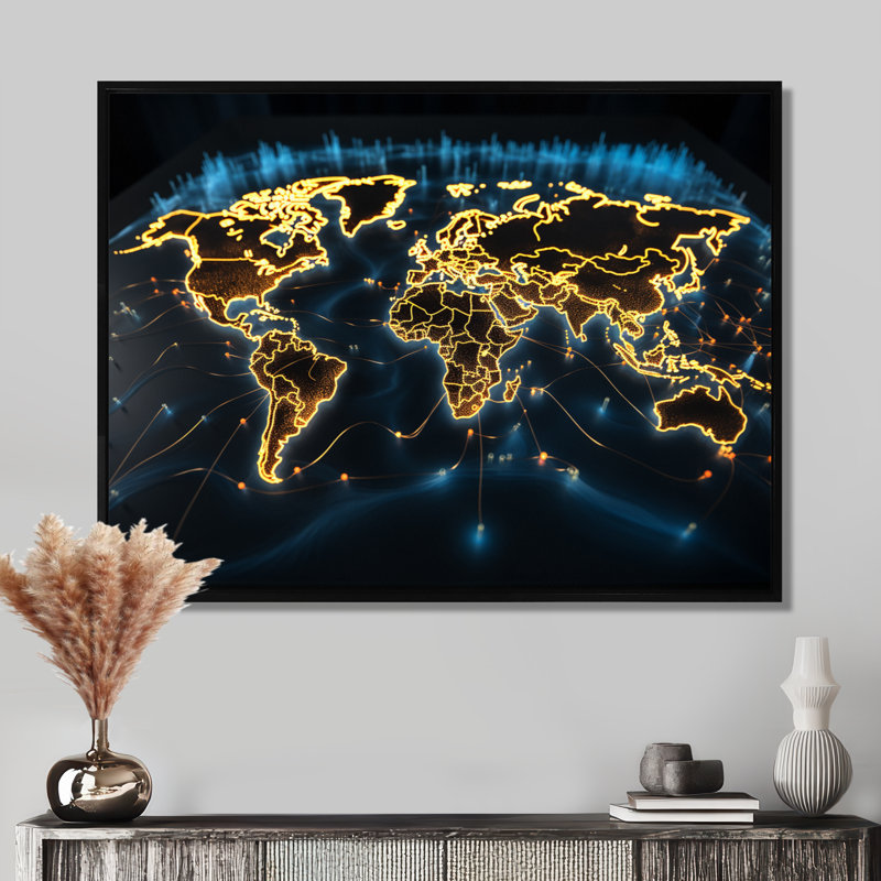 Golden Radiant Map Of The World - World Map Wall Art Living Room, 12" H x 20" W x 1" D, Black Floater Framed Canvas