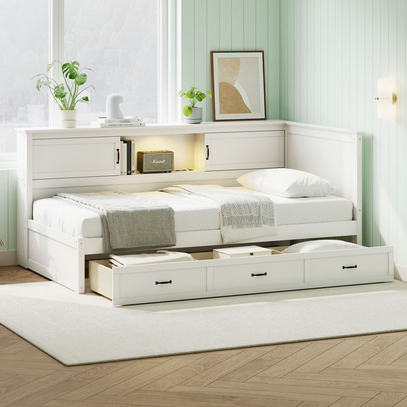 L-Shaped Bed Frame With Drawer And And Bookcase,Corner Bed Wooden Captain Bed With Led Downlight And USB Port For Small Room,Bedroom, Guest Room