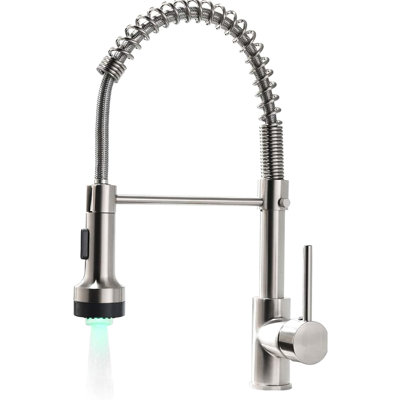 Robinet d'évier de cuisine avec douchette rétractable, nickel brossé, poignée simple, rotatif pour éviers de salle de bain à DEL rétractable, arche haute