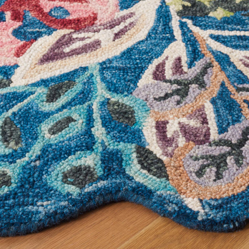 Tapis floral bleu / rose en laine / coton touffeté à la main Bott 362, Rond 5 pi