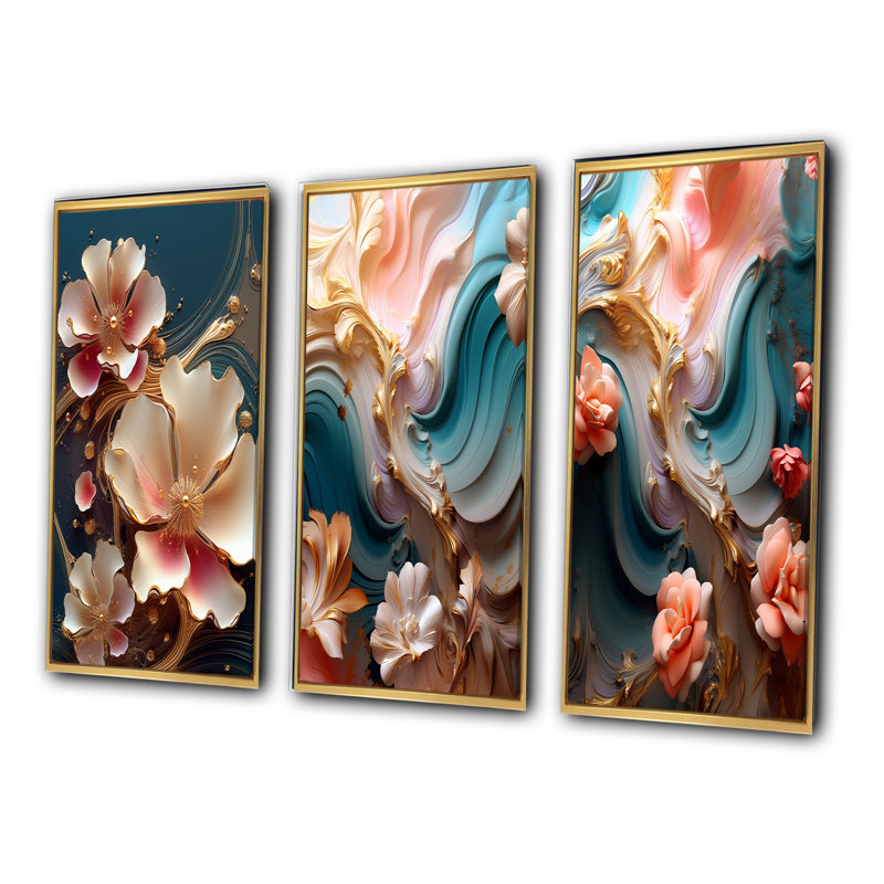 «Blooming Pink Magnolia Abstract Flower On Blue», 3 pièces sur toile, Cadre flottant doré, H 20 po x l 36 po