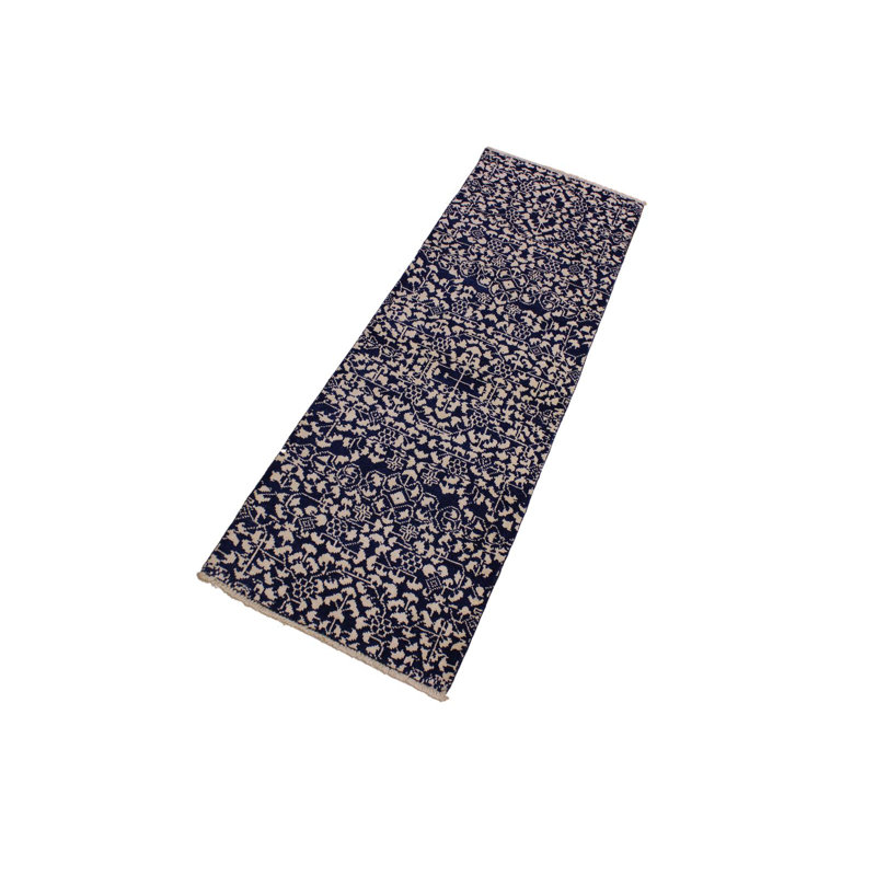 Tapis de couloir bleu / ivoire en laine noué à la main 2 pi 8 po x 8 pi 5 po Madeenah