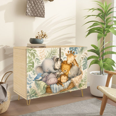 Buffet étroit de 35,4 po de largeur - armoire de rangement décorative à 2 portes avec des animaux de safari mignons et des pieds en métal