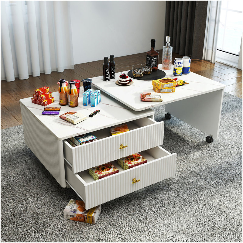 Table basse extensible avec rangement, table de salon réversible à 2 tiroirs et à 6 roulettes, blanc