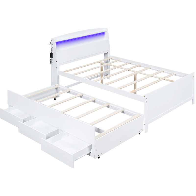 Lit plateforme de taille blanche avec rangement, tête de lit à DEL et lit gigogne simple, 3 tiroirs en bois massif robuste et rangement de rangement pour chambre à coucher, tête de lit et lit gigogne