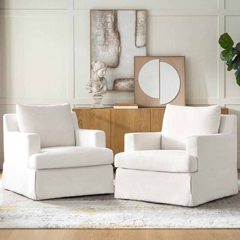 Isadoro 33" Wide Farmhouse Slipcovered Swivel Rocking Armchair with Down Blend Fill, White