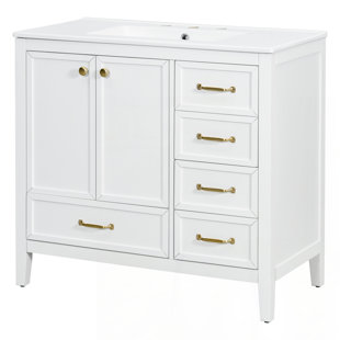Meuble-lavabo 36 po avec lavabo, armoire de salle de bain avec porte à fermeture en douceur, 4 tiroirs de différentes tailles, structure et pieds en bois massif, un paquet