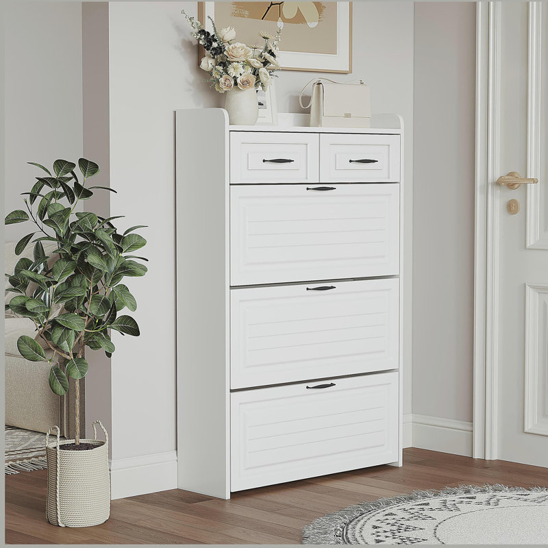 Shoe cabinet with 3 doors 2 drawers, large space for storage, White