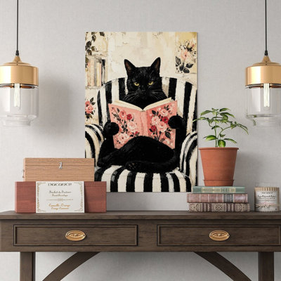 Canvas Wall Art Black Cat Reading Floral Book On Striped Chair Art Vintage Poster Print Home Decor