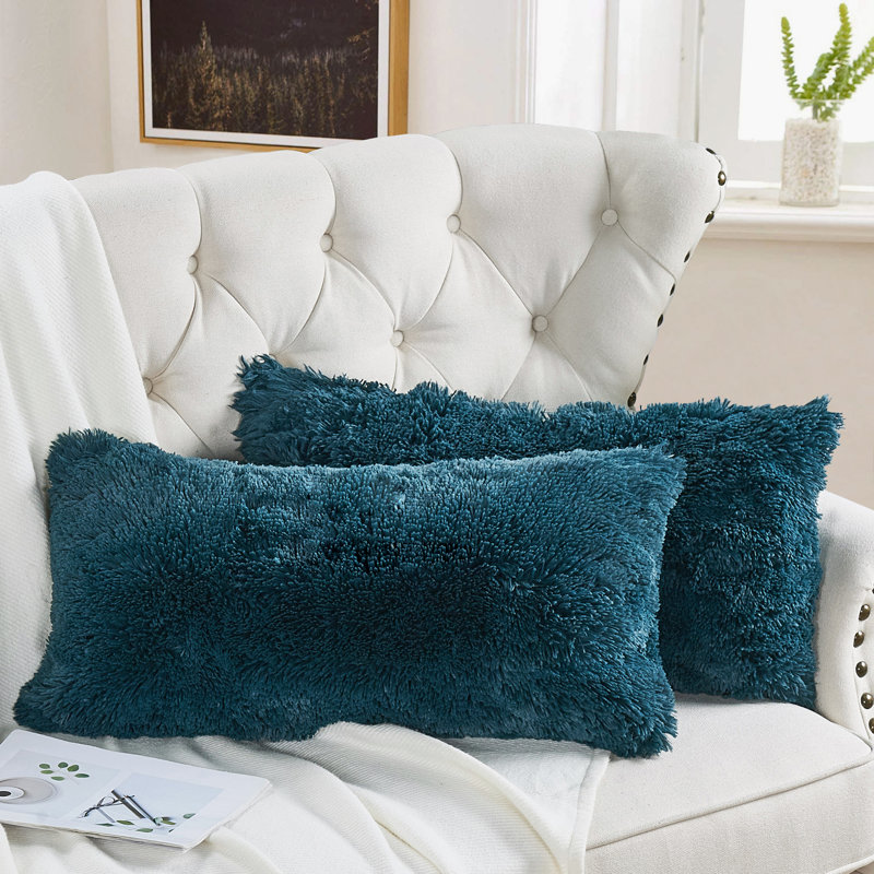 Shaggy Lumbar Faux Fur Pillow Cover, Teal