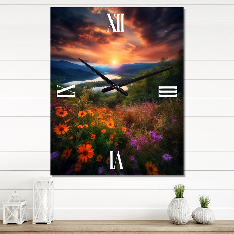 Horloge murale moderne Fleurs au-dessus d'une montagne majestueuse I - Lake, Très grand