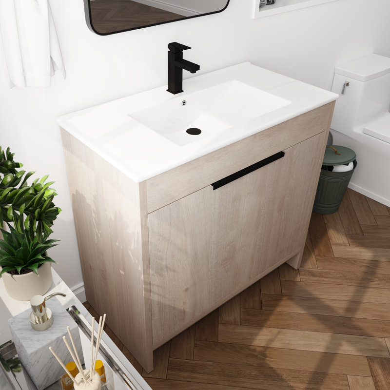 36" Single Freestanding Bathroom Vanity Set, Floor Standing Bathroom Vanity with Ceramic Top, 2 Doors, 1 Adjustable Shelf