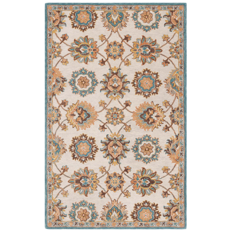 Heritage Handtufted Wool Cotton Floral Rug in Beige/Ivory, Rectangle 5' x 8'