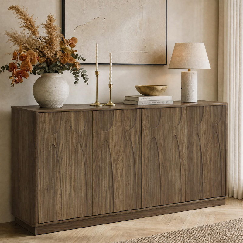 Buffet 64 portes à 4 portes avec tablettes réglables, crédence de rangement Mid-Century moderne pour le salon ou la cuisine, noyer clair
