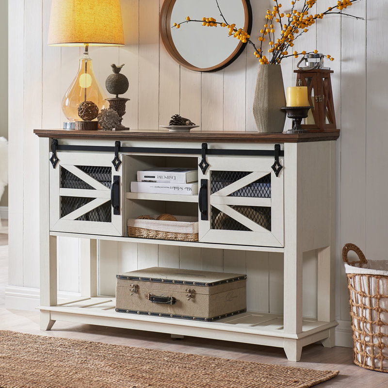 Yasmine 46" Farmhouse Console Table,Entryway Table  With Sliding Barn Door, Oak Brown/Antique White