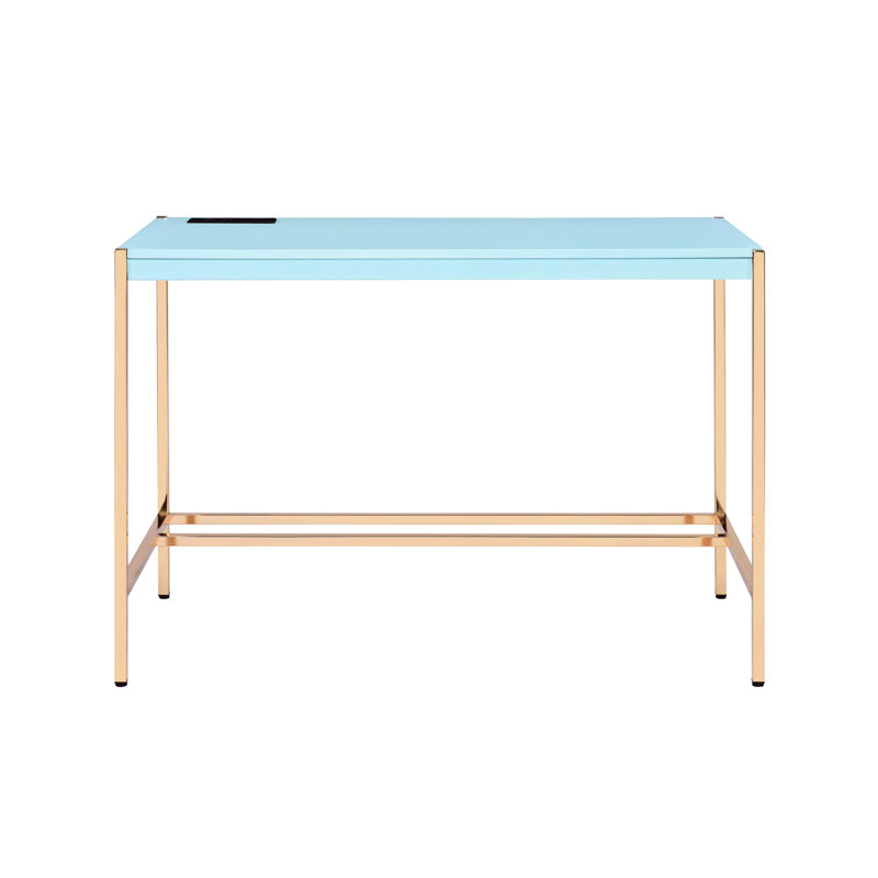 Spacious Blue & Gold Desk With Ports And Built-in Electrical Outlets Rectangular Power