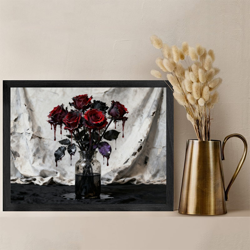 Reproduction d'art encadré noir avec roses foncées rétro sous le rideau, H 11 po x l 9 po