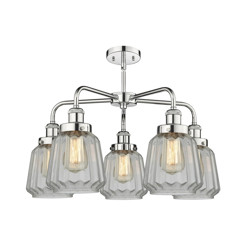 Lustre irrégulier à intensité variable en verre à 5 lumières Chatham, Transparent, Chrome poli