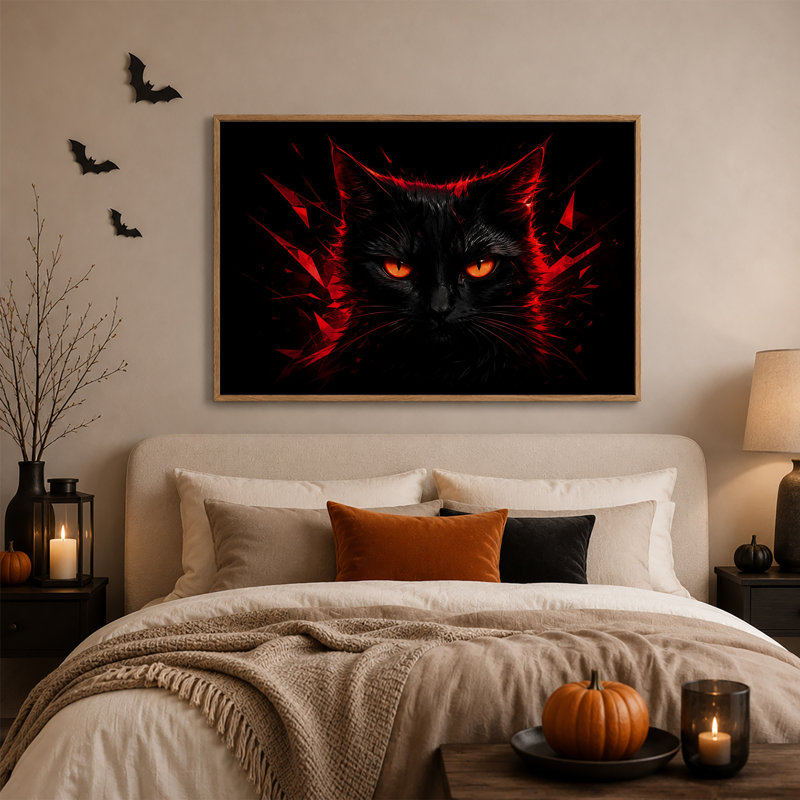 Art sur toile, "Chat noir avec yeux orange brillants et éclats rouges", 32"H x 48"W