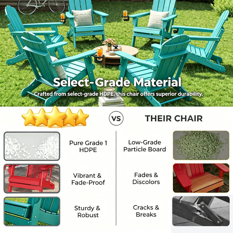 (Set of 6) Hdpe Folding Outdoor Adirondack Chair With Cup Holder , Aqua