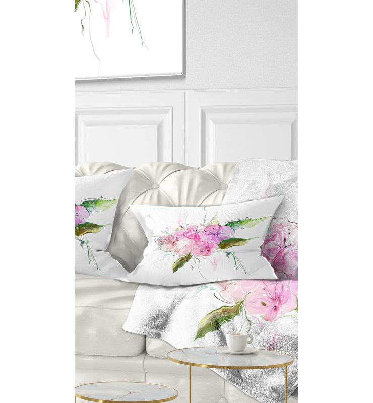 Coussin rose avec bouquet de pensées roses