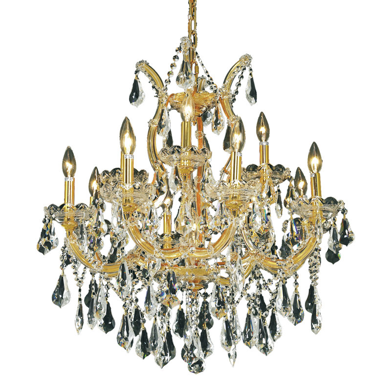 Lustre à niveaux 13 lumières style bougie Stockard, Or / cristal (transparent) / coupe royale