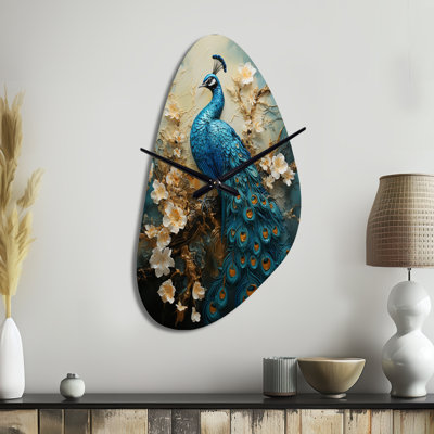 «Peacock Encaustic Portrait II» - horloge asymétrique en métal avec impression d'horloge murale