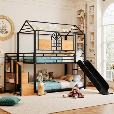 Metal Twin Over Twin Bunk Bed With Slide, Storage Stairs & Guardrails, Durable House Design