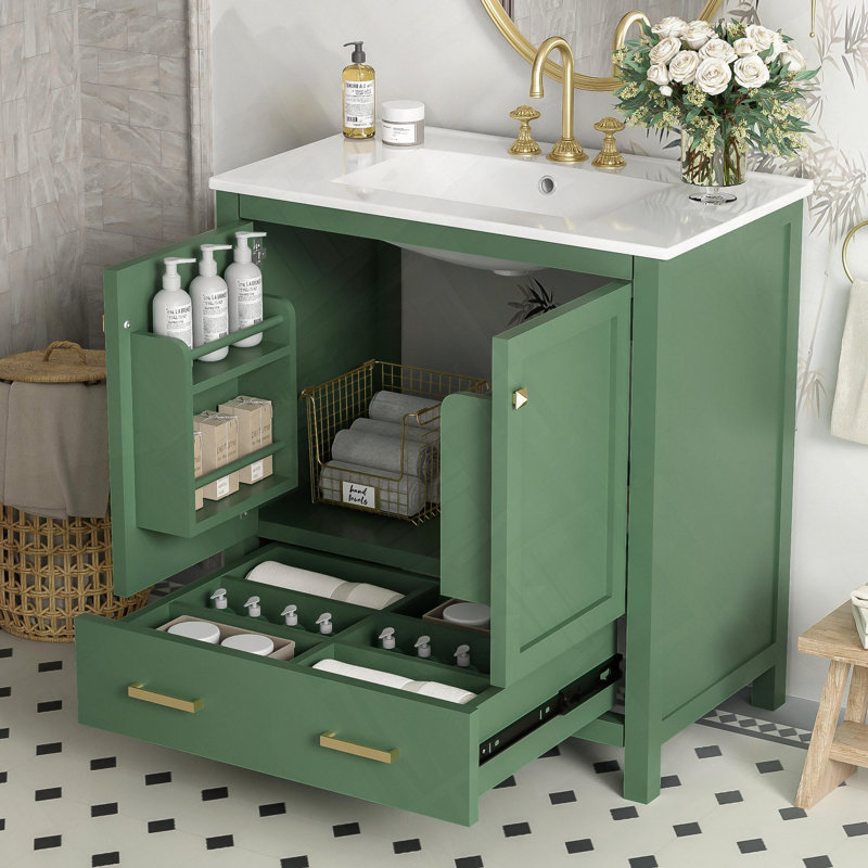 Meuble-lavabo de salle de bain avec lavabo simple sous le comptoir, armoire de rangement à 2 portes et 1 tiroir à fermeture douce