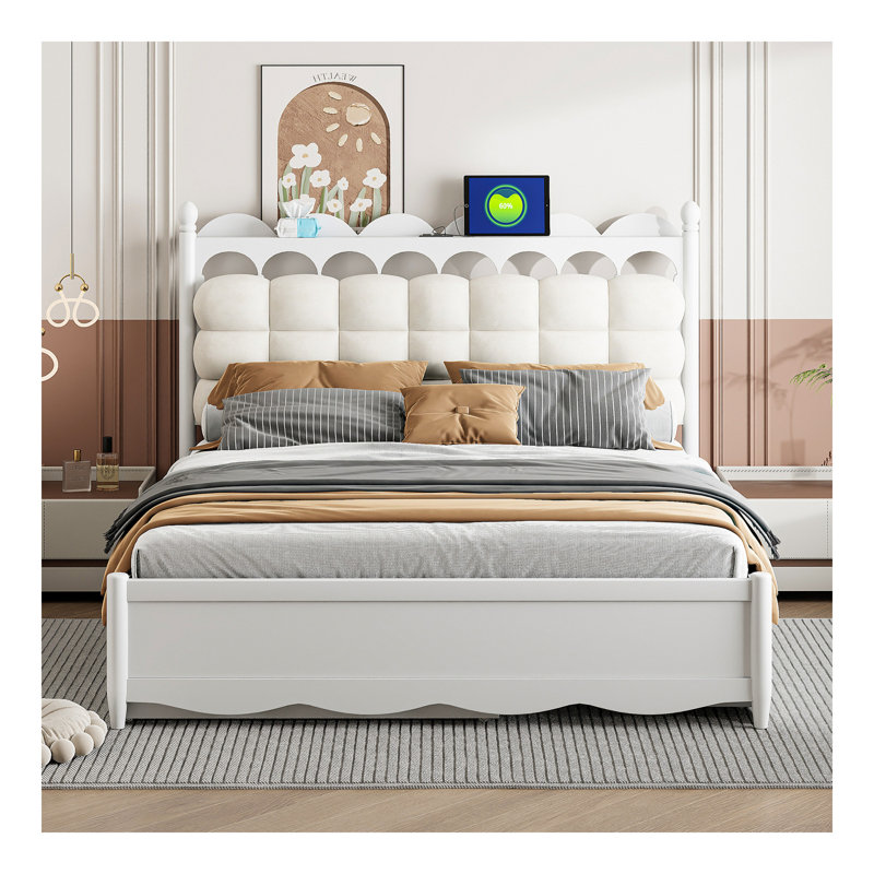 Grand lit plateforme en bois avec 2 grands tiroirs, lit gigogne simple TG, 1 ensemble de prises et ports USB, blanc