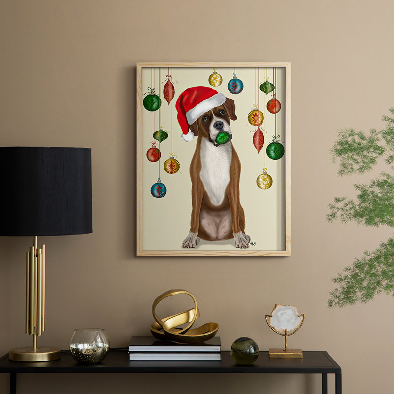 «Christmas Boxer and Bauble Ball», reproduction encadrée - bois massif
