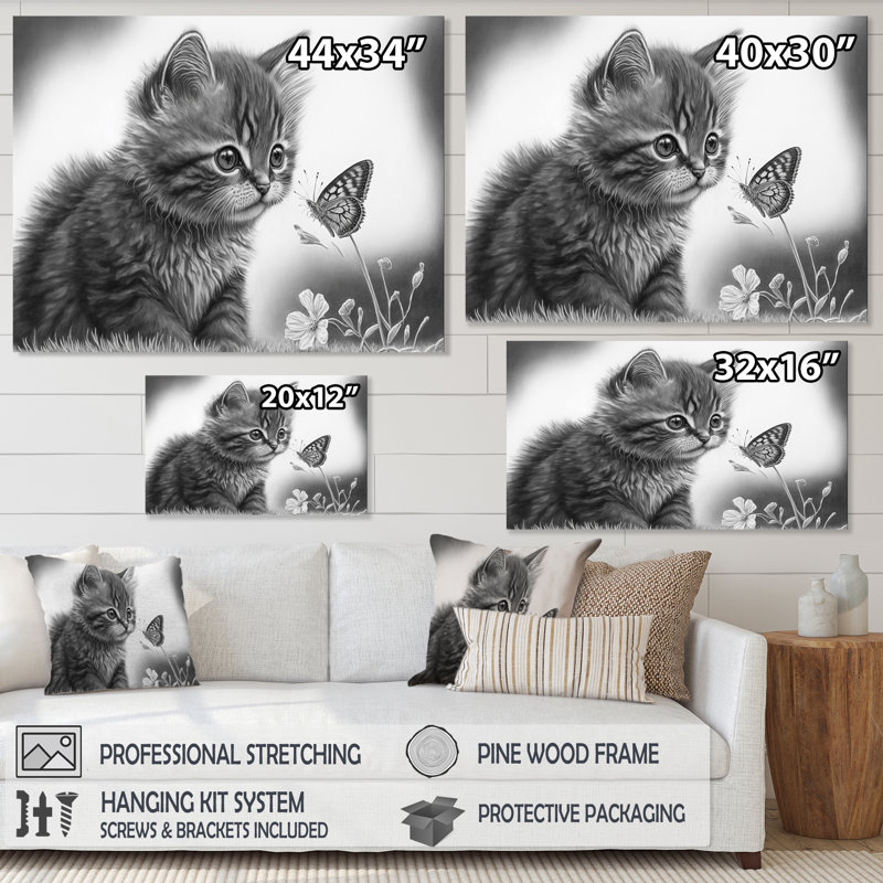Art numérique sur toile, "Petit chaton avec papillon IV", L 20 po x H 12 po, Toile tendue