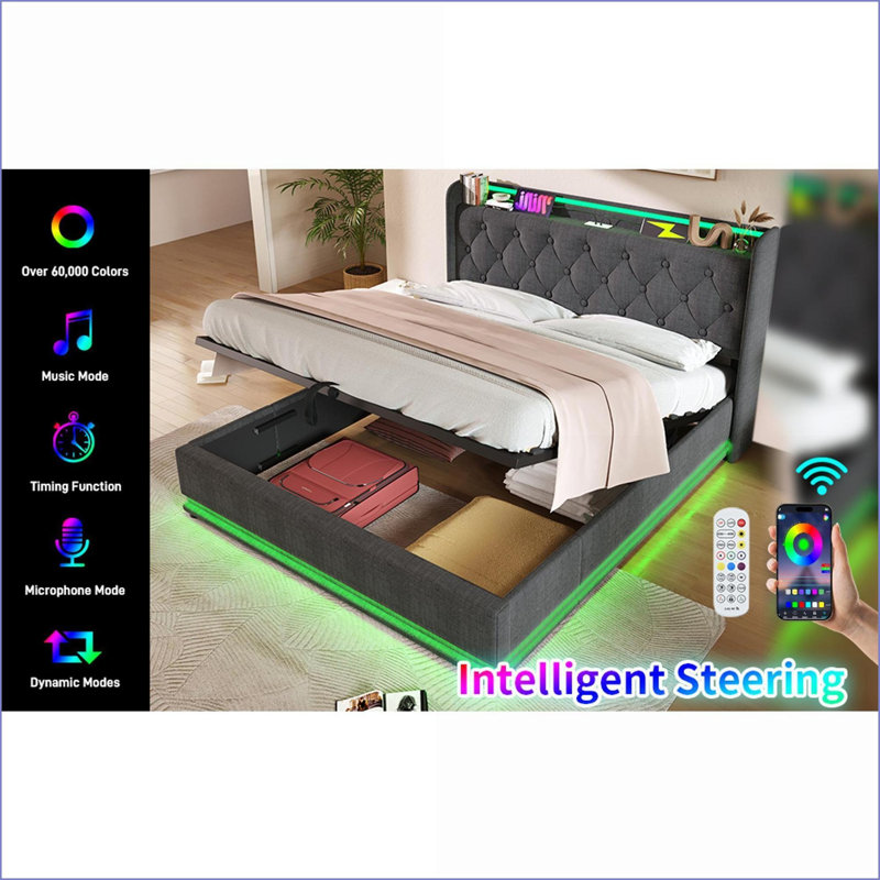 Structure de lit très grand revêtue de lin en métal avec rangement hydraulique, 360 lumières DEL, charge USB-C, aucun sommier nécessaire, gris pour la chambre principale