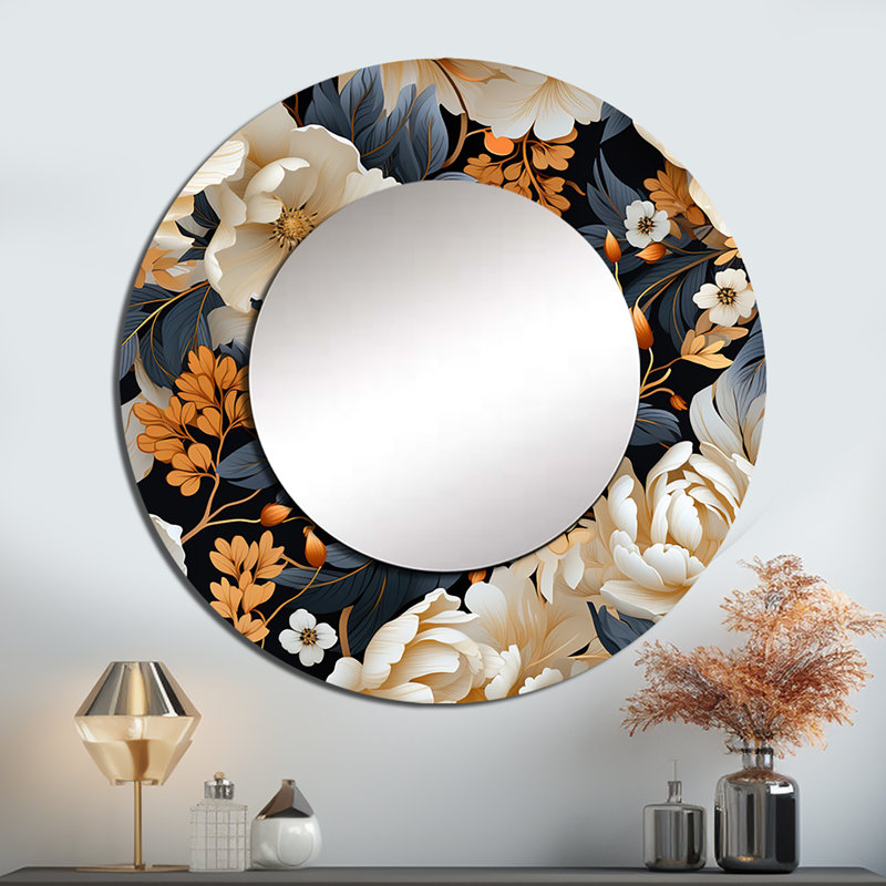 Rovon Magnifique fleurs de magnolia - miroir floral, miroir mural rond unique, impression d'art en métal, 36 po x 36 po