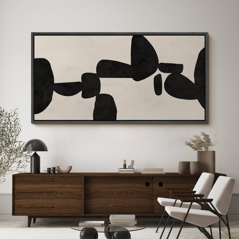 Abstrait abstrait géométrique noir Mid-Century, H 30 po x l 60 po, Noir, noir, noir, noir