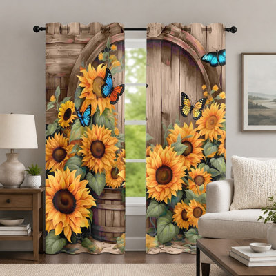 2Pcs Sunflower and Butterfly Pattern Curtains, Rustic Wooden Door Theme Printed Drapery, Vibrant Floral Botanical Art Grommet Drapes, Window Treatment for Bedroom Living Room Decor